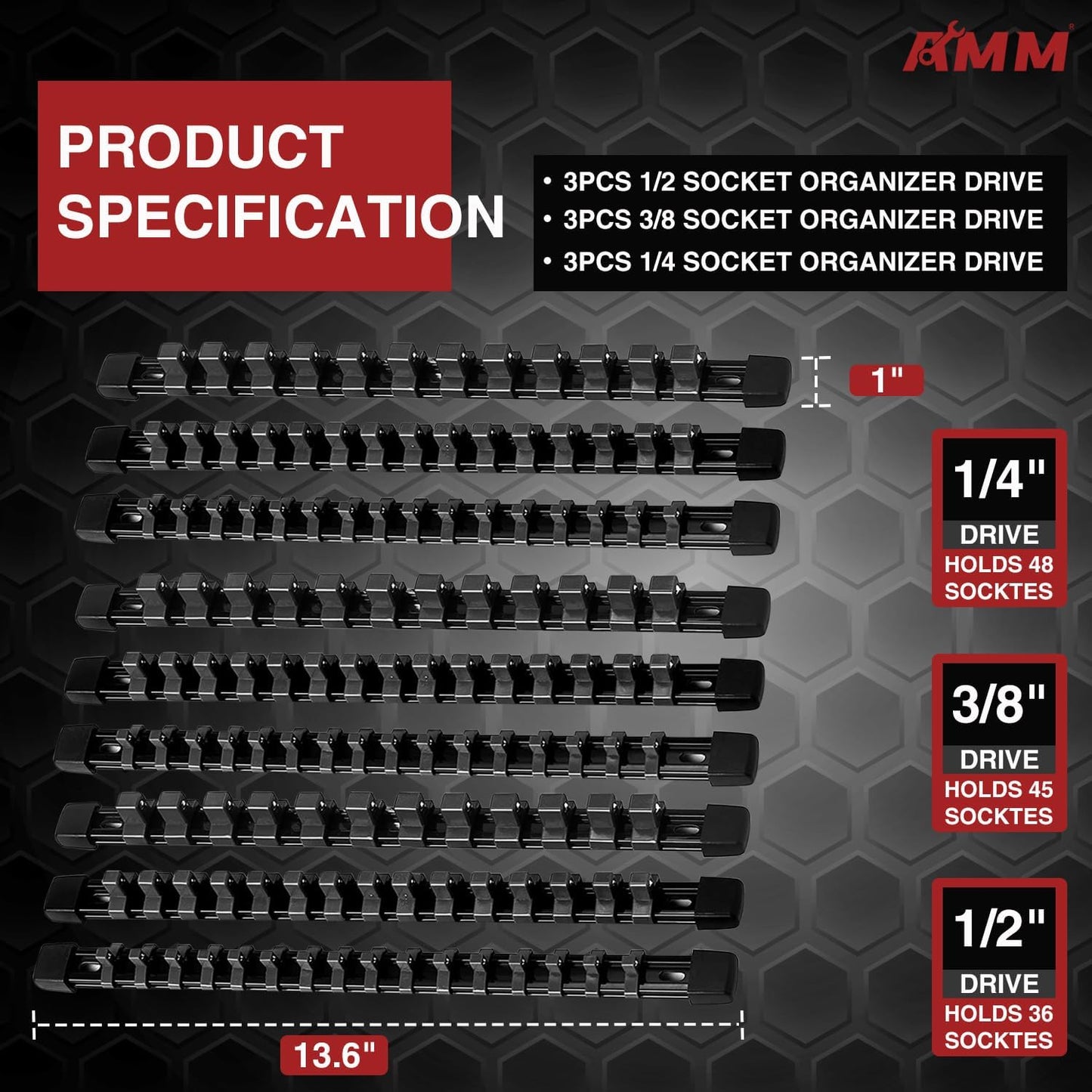 AMM 9-Piece Socket Organizer, 1/2 inch, 3/8 inch and 1/4 inch Drive ABS Tools-Black Socket Holder,Heavy Duty Socket Racks, Premium Quality Socket Clip Rail Holder,The best tool trays in the garage