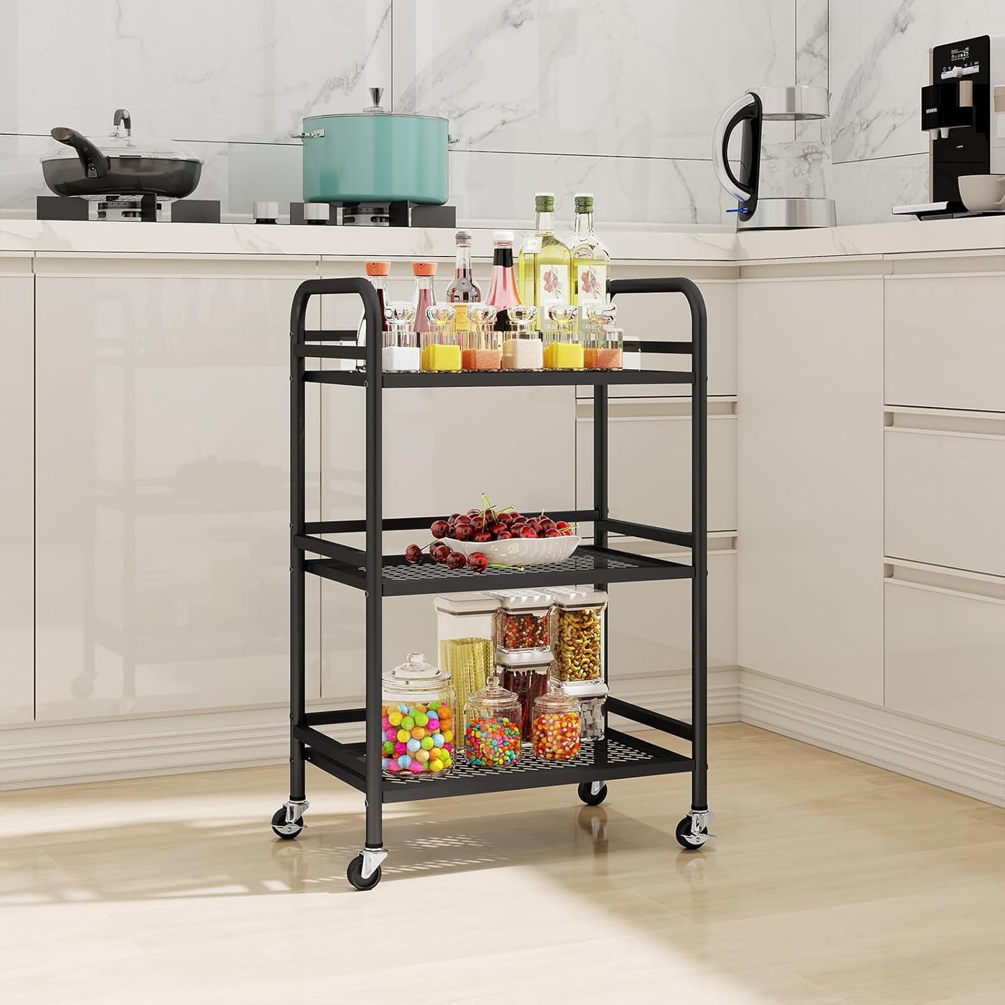 HDANI 3 Tier Rolling Cart,Heavy Duty Multifunctional Metal Frame-Supports 22 Lbs Per Tier,Mesh Rolling Cart with 2 Lockable Wheels for Office,Home,Bedroom,Kitchen,Bathroom,Black