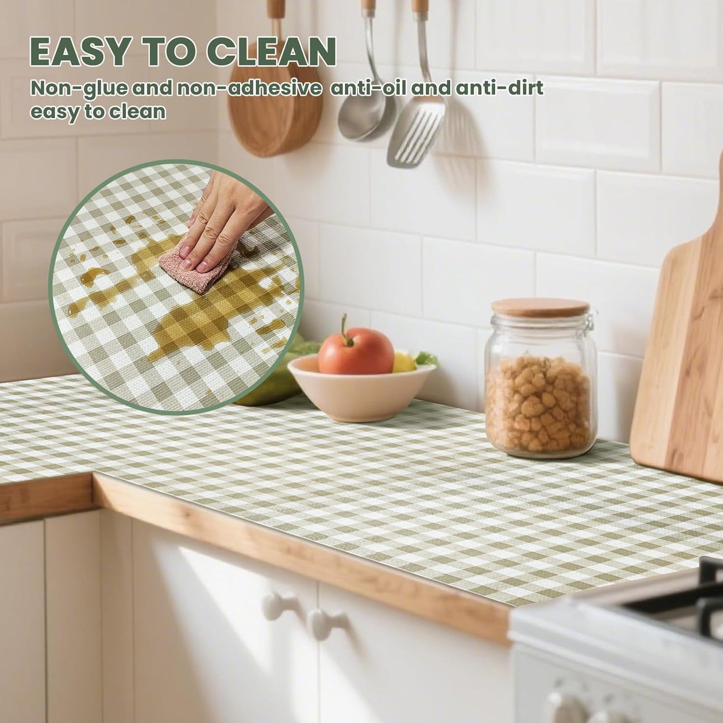 Drawer Liner and Shelf Liner for Kitchen Cabinet Liner Non-Adhesive Non-Slip Shelf Paper, Thick Strong Grip Waterproof Easy to Clean for Shelves, Cupboard, Desks, Green Plaid Pattern, 23.6 in x 30 FT