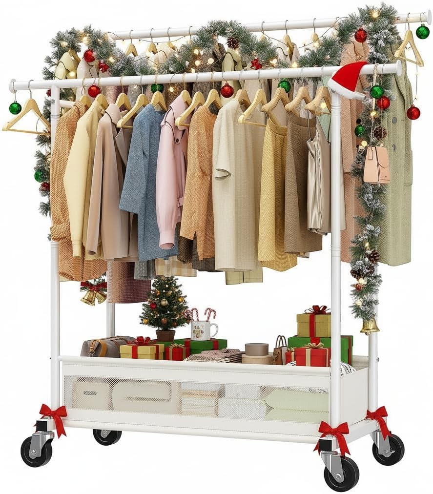Clothes Rack, Double Rod Clothing Rack with Storage Bag & Sturdy Wheels, Metal Garment Rack for Closet Organizers and Storage, 43.3" W×17.7" D×63" H