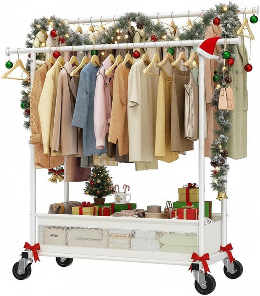 Clothes Rack, Double Rod Clothing Rack with Storage Bag & Sturdy Wheels, Metal Garment Rack for Closet Organizers and Storage, 43.3" W×17.7" D×63" H