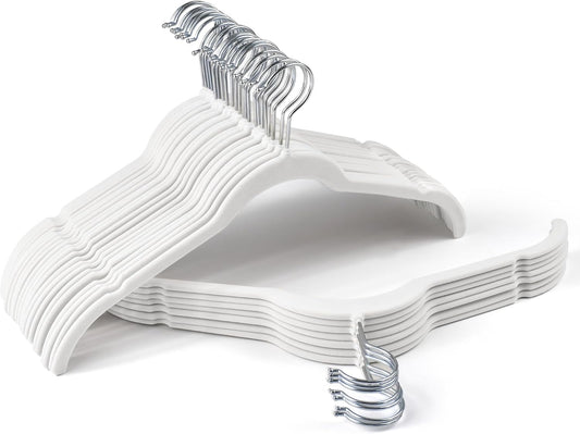 Premium Velvet Shirt Hangers 30 Pack, Non-Slip 360° Swivel Hook Slim Felt Hanger, Space Saving Flocked Hangers for Tank Tops, Blouses, Strappy Dresses(White)