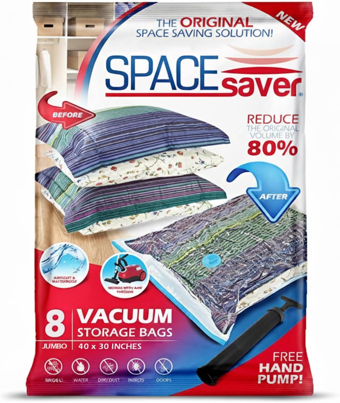 Spacesaver 8 Pack Jumbo Vacuum Storage Bags for Blankets & Clothes – Jumbo Vacuum Sealed Compression Bags with Hand Pump – Space Saver Storage Bags for Bedding, Moving, Travel & Organization