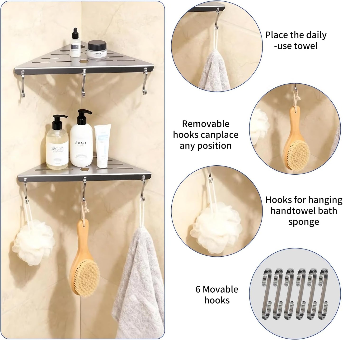 Shower Corner Shelf 304 Stainless Steel Shower Caddy 2 Tier Shower Organizer Niche Extra 6 Hangers Shelves 40 lbs Large Capacity Bathroom Storage for Inside Anti-Rust Drilling Installation(Silver)