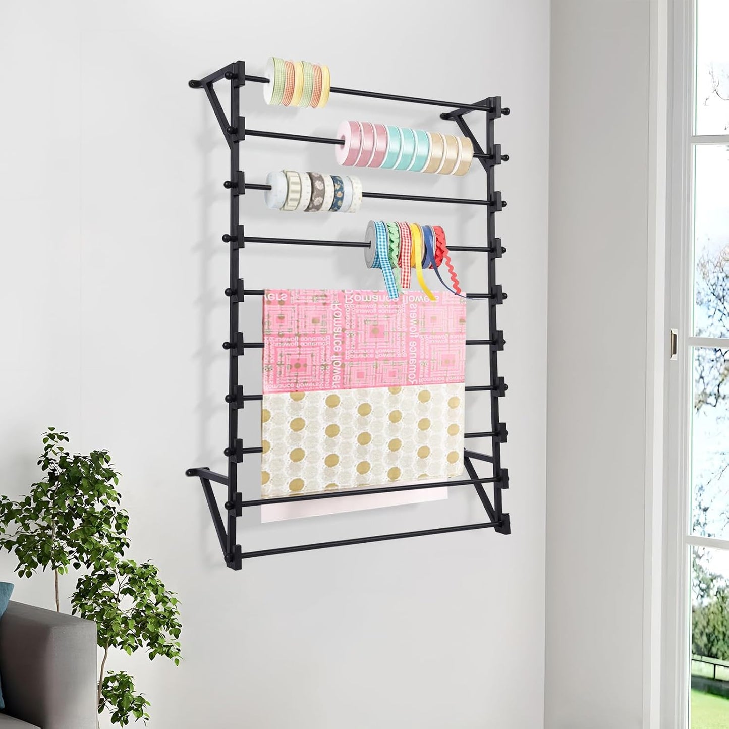 10 Layer Wall Mounted Scarf Rack, Hijab Organizer Ribbon Storage Rack, Metal Scarf Display Racks for Belts Scarves Ties Towel Wrapping Paper Holder for Home Retail Store Boutique