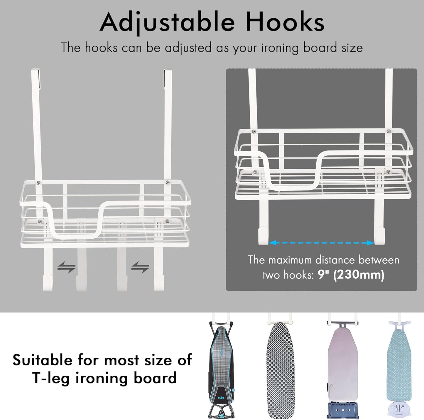 KES Ironing Board Hanger Over The Door, T-Leg Holder, for 1 3/8" Door, Metal Iron Holder White, HIR500A-WH