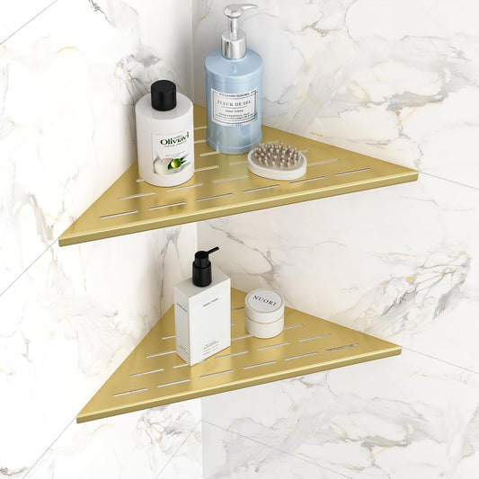Corner Shower Shelves, 12” Recessed Tile Shower Shelf, 304 Stainless Steel Grout in Corner Tile Shower Shelves, No Drilling, Brushed Golden, 2 Pack