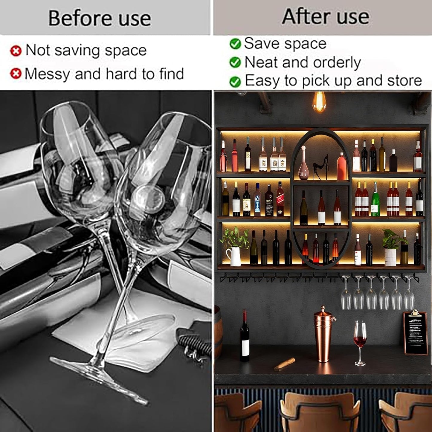 63IN Large Wall Mount Wine Rack, Metal 4 Tier Hanging Bottle Holder with Wine Glass Storage Racks, Modern Floating Wine Shelves for Home Bar Dining Room Decoration (Gold)