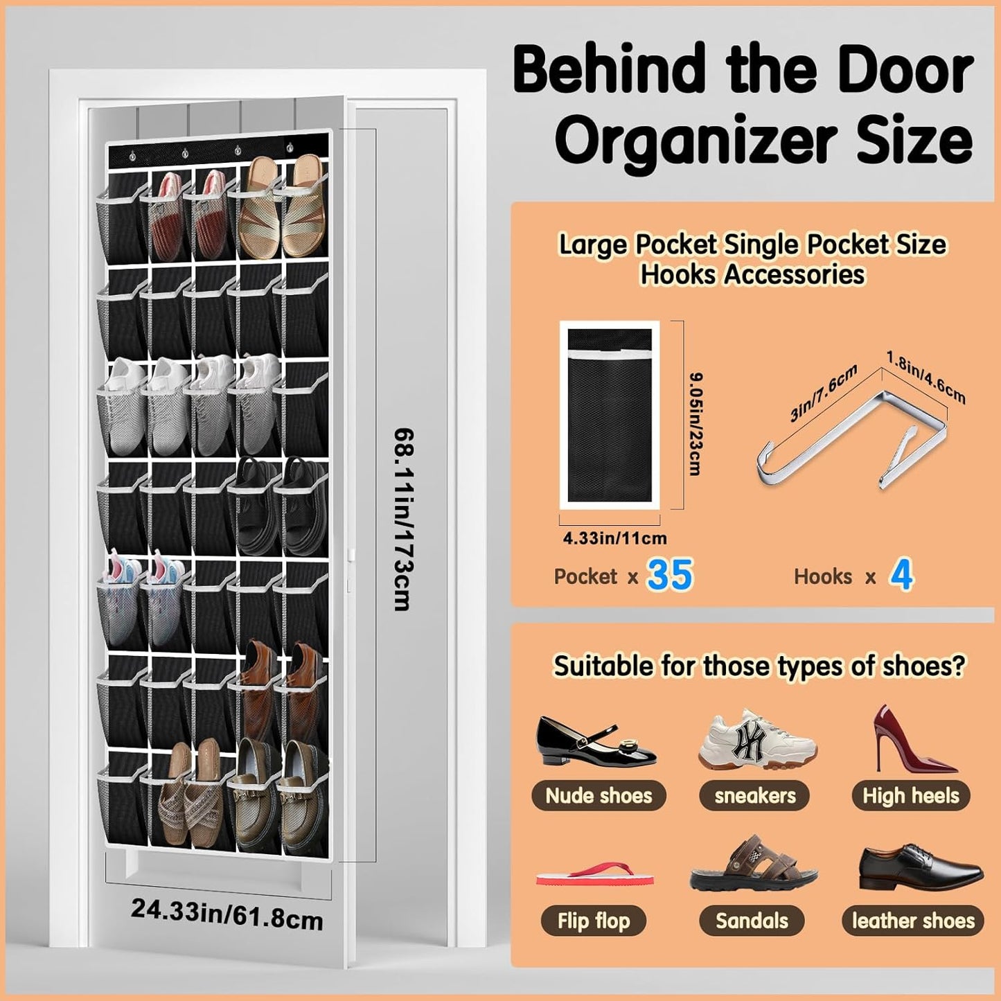 35 Compartment Over The Door Storage - Breathable Mesh Hanging Organizer with Large Pockets, Space Saving Design for Men & Women's Footwear, Closet, Bedroom- Black