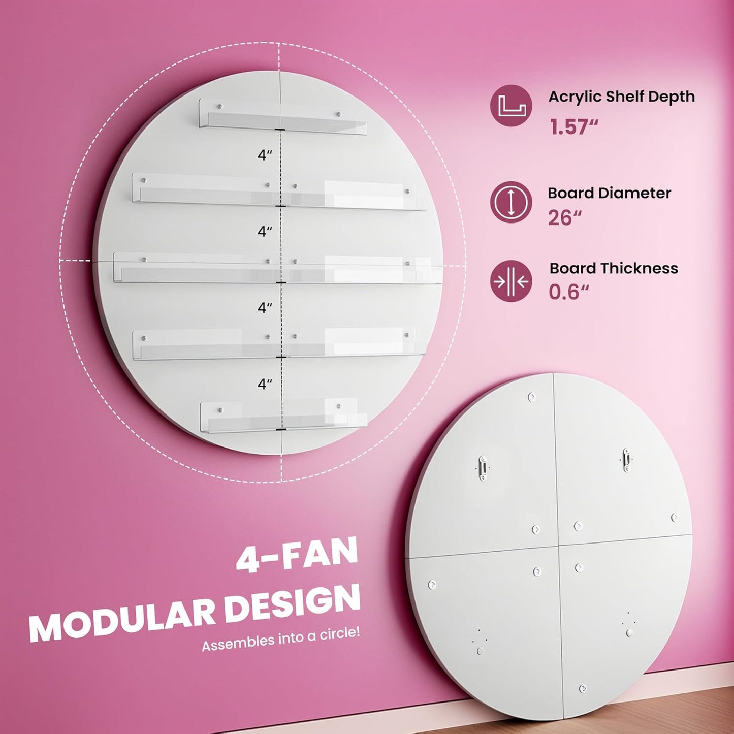 Wall Mount Nail Polish Organizer, 2 Packs Wood Nail Polish Rack w/Acrylic Barrier, 5-Tier Round Storage & Display Shelf, Perfume Essential Oil Bottles Holder, White
