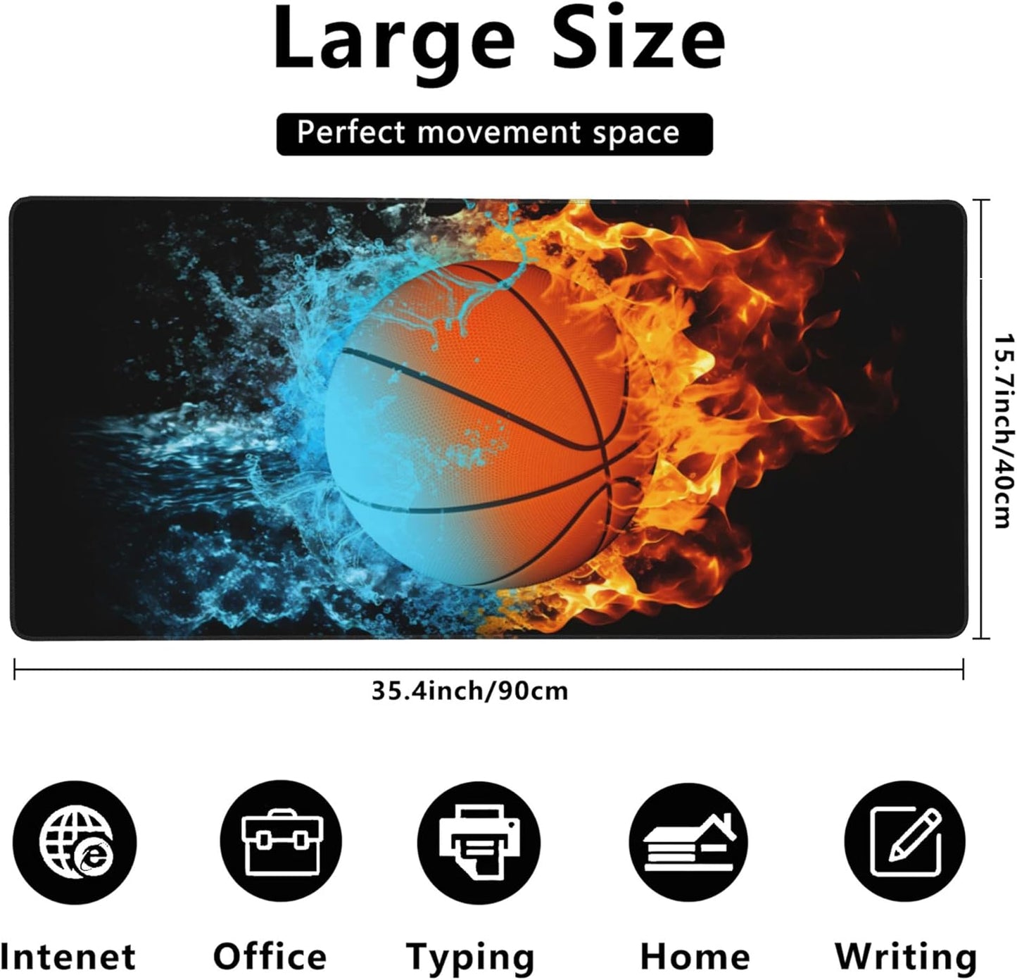 Gaming Mouse Mat Basketball Ball in Fire and Water Large Mouse Pad Extended Mouse Pad Desk Mat Non-Slip Rubber Base Mice Pad Desk Pad for Office Game Home 35.4x15.75 in