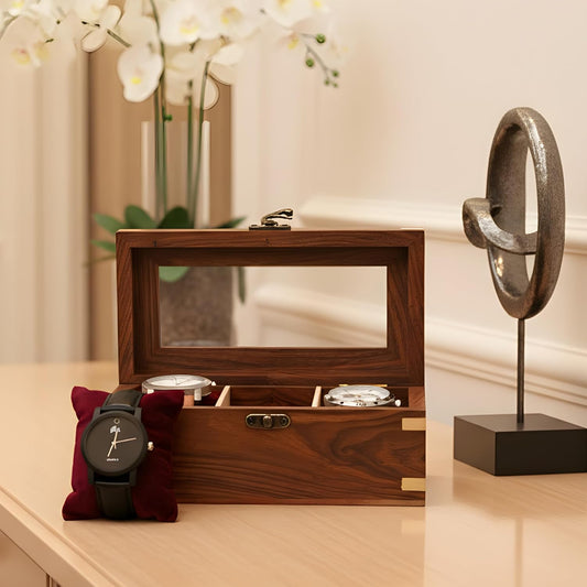 Wooden Watch Box for Men & Women, Watch Organizer & Display Case, Premium Long-Lasting Watch Holder for Storage, Elegant Gift for Watch Collectors (Glass Top, 3 Slots)