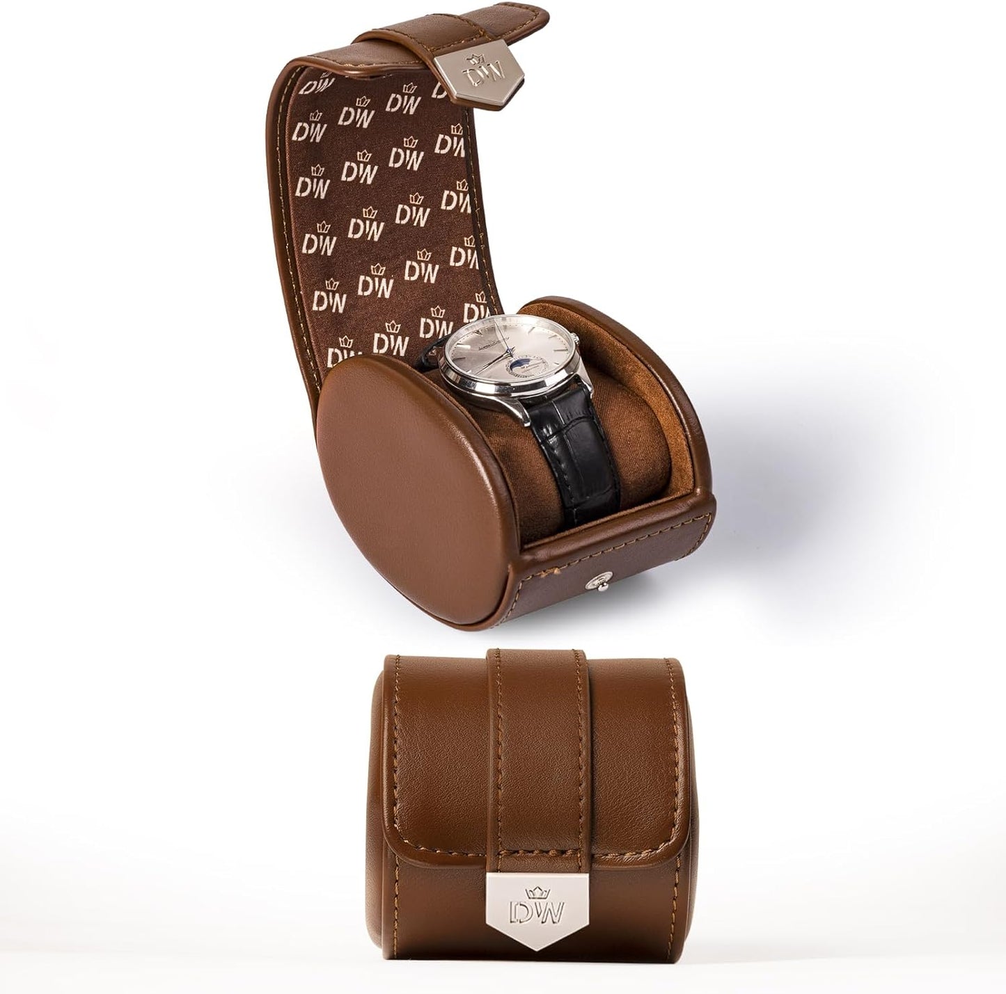 DUKWIN Watch Roll,Vegan Leather Travel Single Watch Case Organizer with Removable Pillows for Men and Women, Display Case for All Watches Collection and Gift for Anniversary Birthday(Brown Storage)