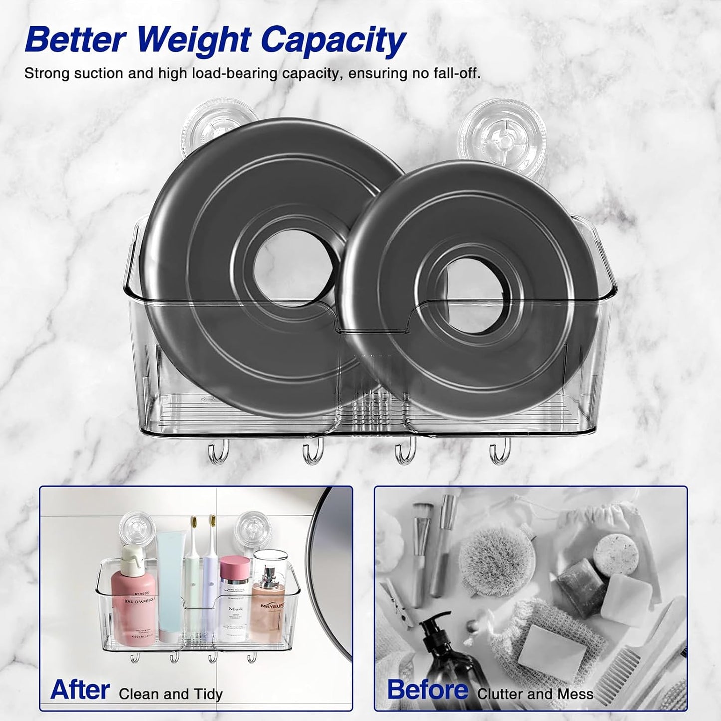Clear Shower Caddy Suction Cup Shelf Organizer with Hooks Removable Shower Basket Light Luxury Style Punch-Free Dorm Wall Storage Rack for Kitchen Bathroom Set of 3