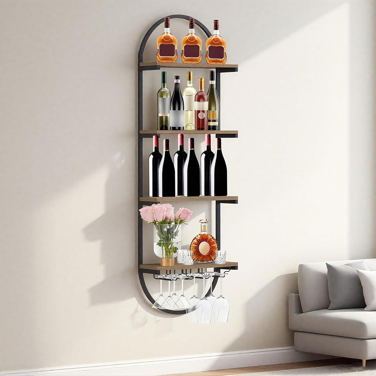 Wall Mount Wine Rack, 3-Tier Metal Oval Design Wine Rack Wall Mounted, Wine Bottle Holder for Home Bar, Wine Kitchen Storage Liquor, Champagne(Black, 6PCS)