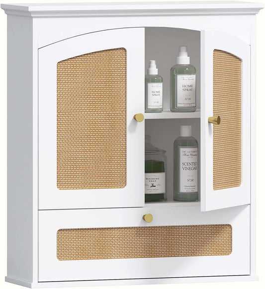 Spirich Bathroom Cabinet Wall Mount, Medicine Cabinet for Bathroom, Over The Toilet Storage Cabinet with Rattan Doors and Tilt-Out Cube