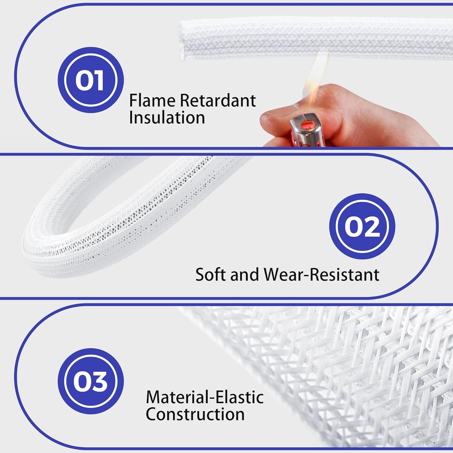 Cable Management Sleeves 1.2in - 2 Pack 4.1ft Split Braided Sleeve White, Hard PE Protectors From Pets, Wire Organizers, Flexible Wrap for Computer Cord Management