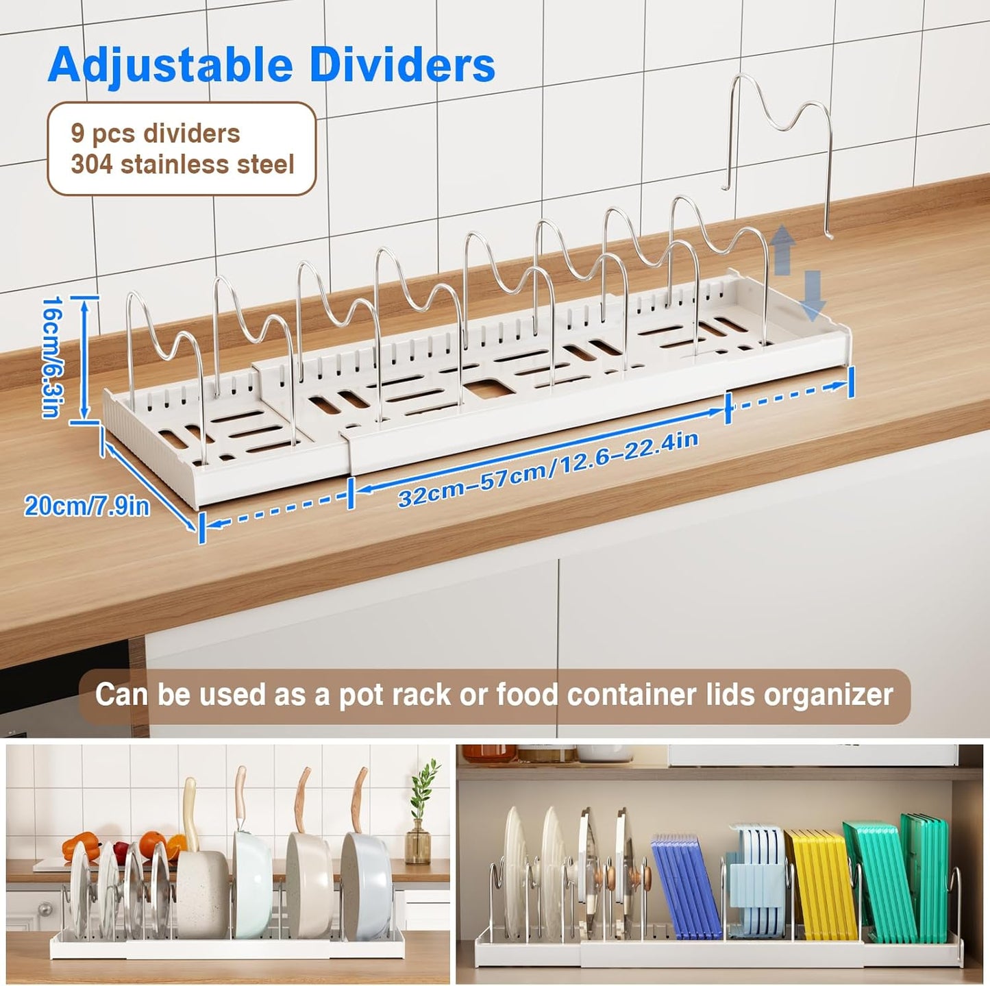 Pots and Pans Organizer Under Cabinet, 22" Expandable Food Storage Container Lid Organizers with 9 Adjustable Dividers Pot and Pan Lid Holders Rack Inside Cabinet/Countertop(1 Pack, White)