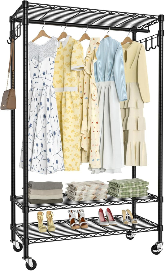 Garment Rack Heavy Duty 3 Tiers Adjustable Freestanding Metal Rolling Clothing Rack with Double Rods and Side Hooks for Hanging Clothes, Black