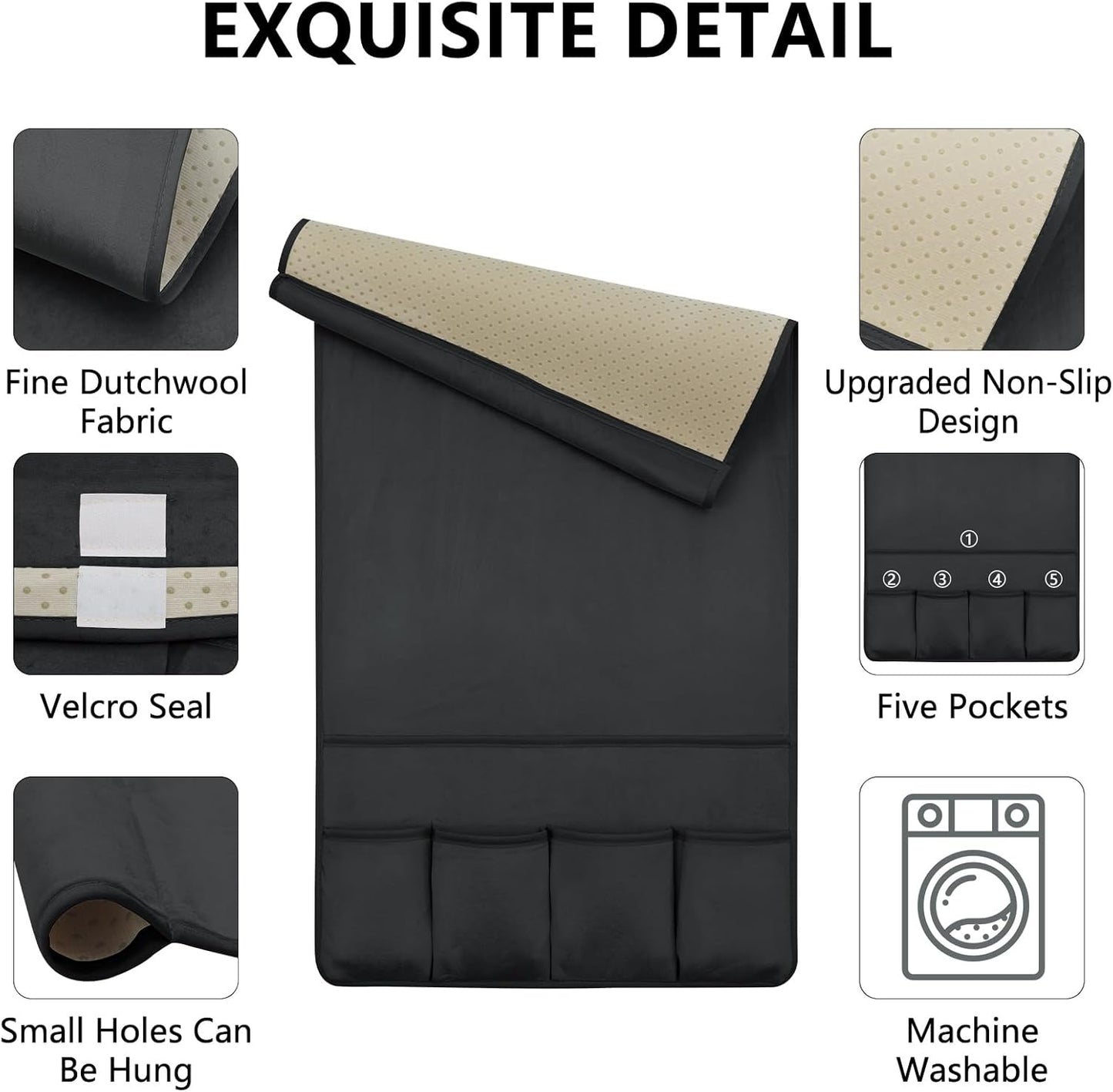 TV Remote Control Holder Couch Caddy, Non-slip Bedside Caddy Organizer with 5 Pockets for Key Glasses Phone Magazine Holders (Black, 35''x18'')