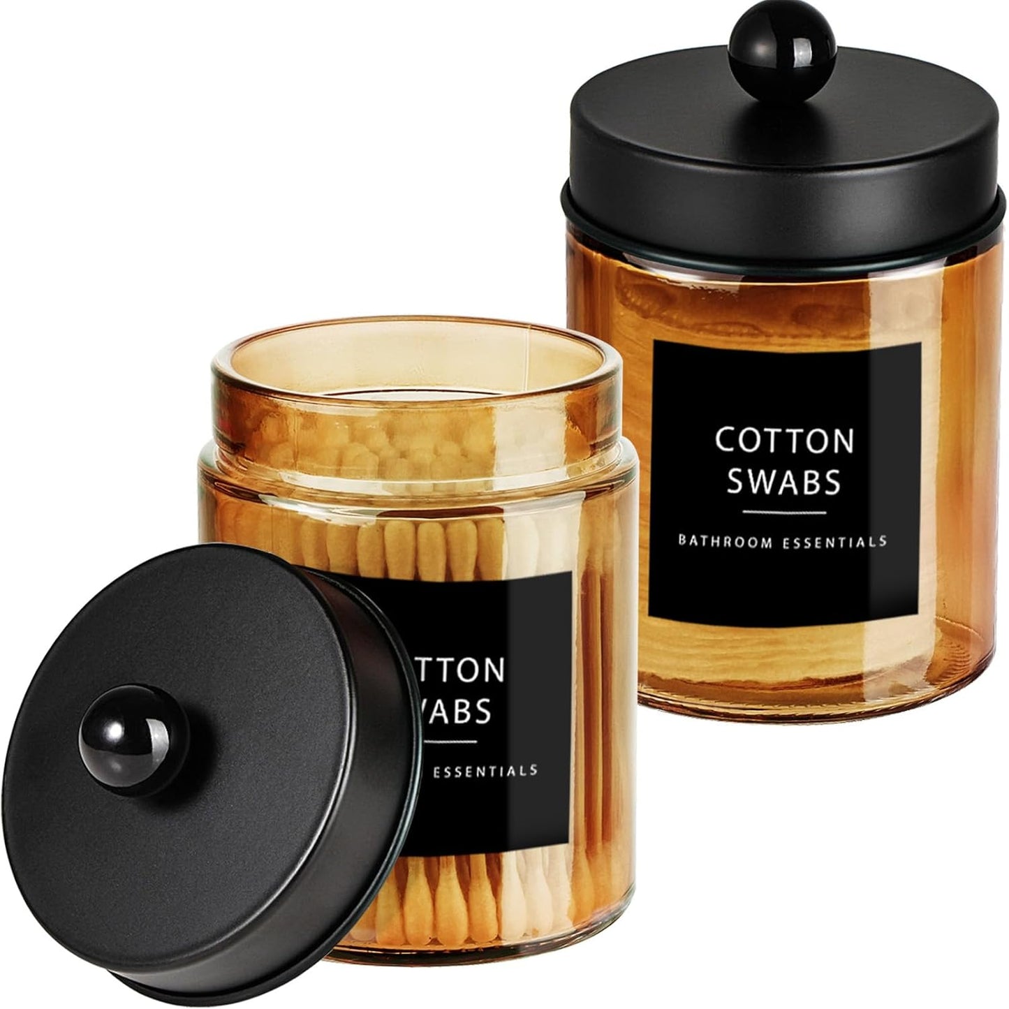 Amolliar Bronze Glass Apothecary Jar With Metal Lid & Stickers, Bathroom Qtip Dispenser Storage Canister, Perfect for Cotton Balls, Cotton Swabs, Makeup Pads, Bath Salt, Floss, 2 Pack (Black)