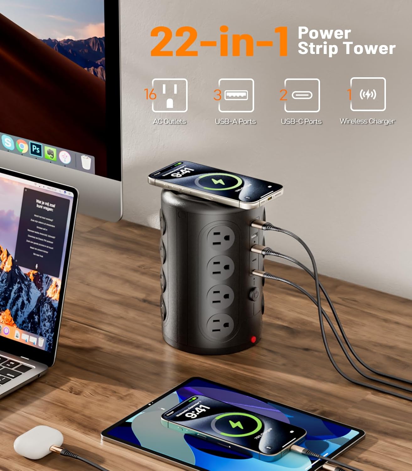 Power Strip Tower Surge Protector, TenTrend 16 Outlets and 5 USB Ports (2 USB-C), 2000 Joules Charging Station, 6FT Flat Plug Extension Cord for Home Office Dorm Room Essentials, Black