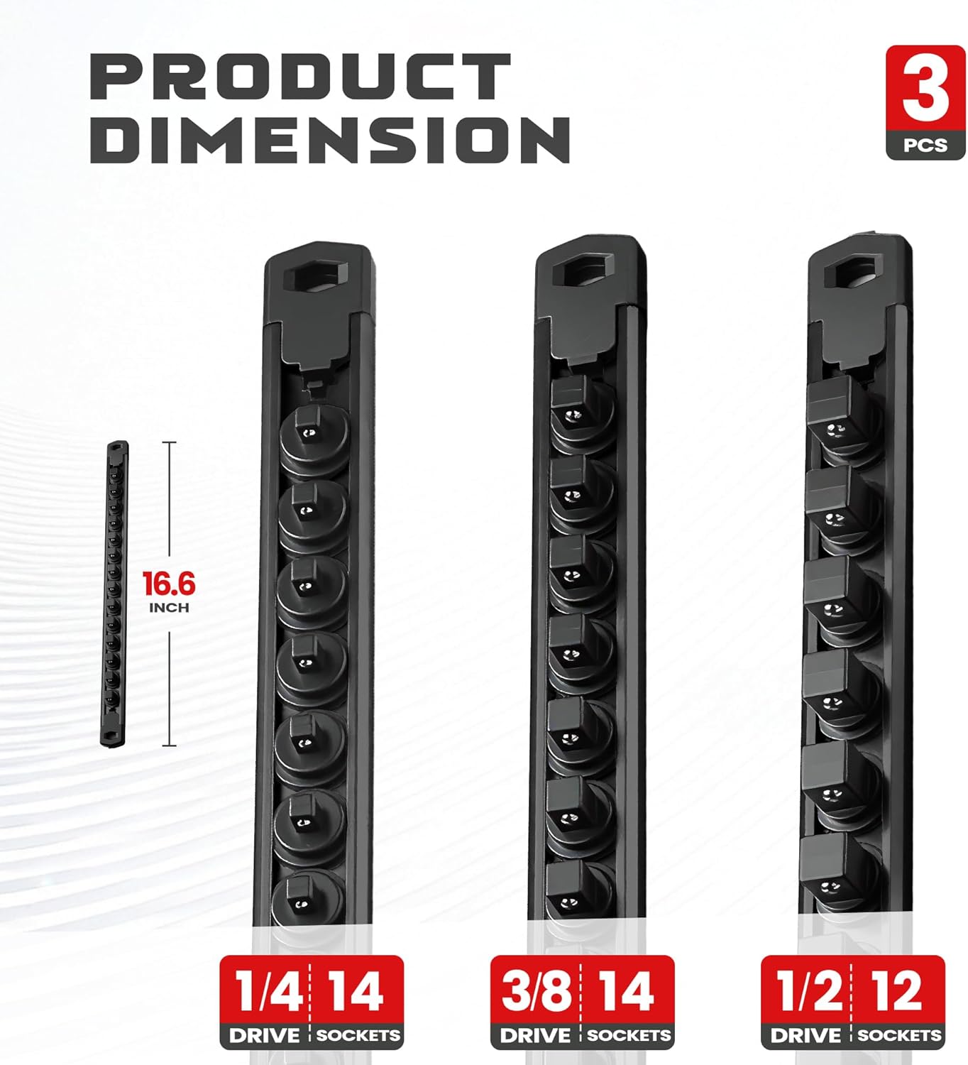 ALOANES 3-Piece Magnetic Socket Organizer, Heavy Duty Aluminum Rails, 360 Swivel Clips, 1/2, 3/8, 1/4-Inch Socket Holder x 40 Clips (Black)