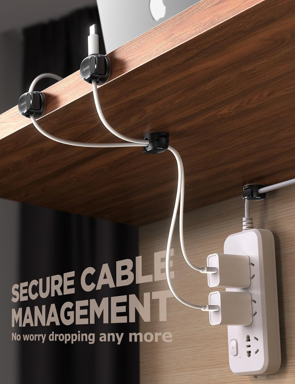 16Pack Cord Organizer [Dual Spring & Clasp, Max Secure] Cable Clips - Chfeila Cord Holder, Desk Cable Management, Adhesive Phone Charging Wire Holder for Nightstand/Car/Wall, Office Accessory - Black