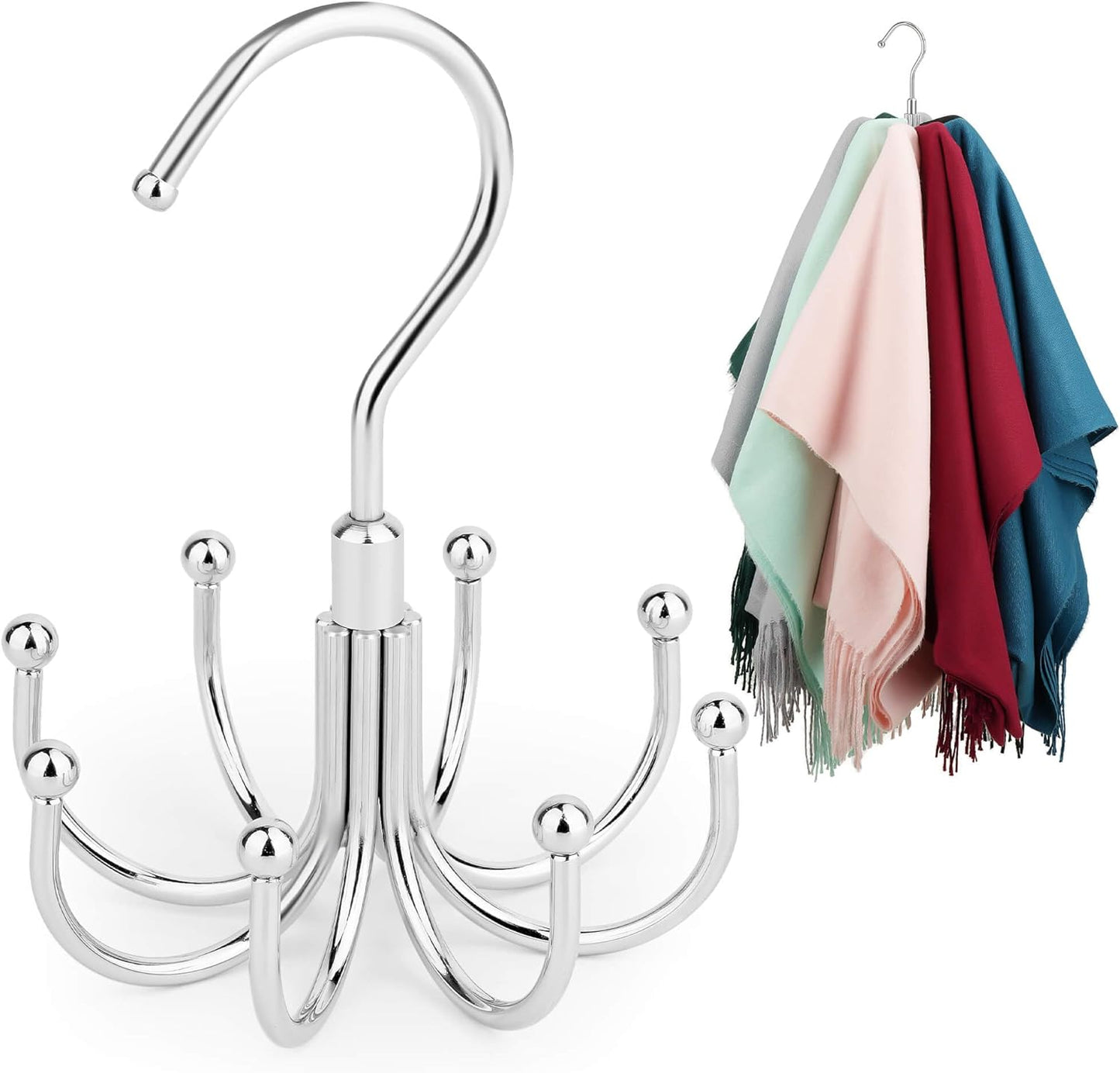 ZEDODIER Scarf Organizer Scarf Hanger for Closet, Rotatable Sturdy Hijab Holder Holds 8 Scarves, Metal Space Saving Closet Organizers and Storage, Silver
