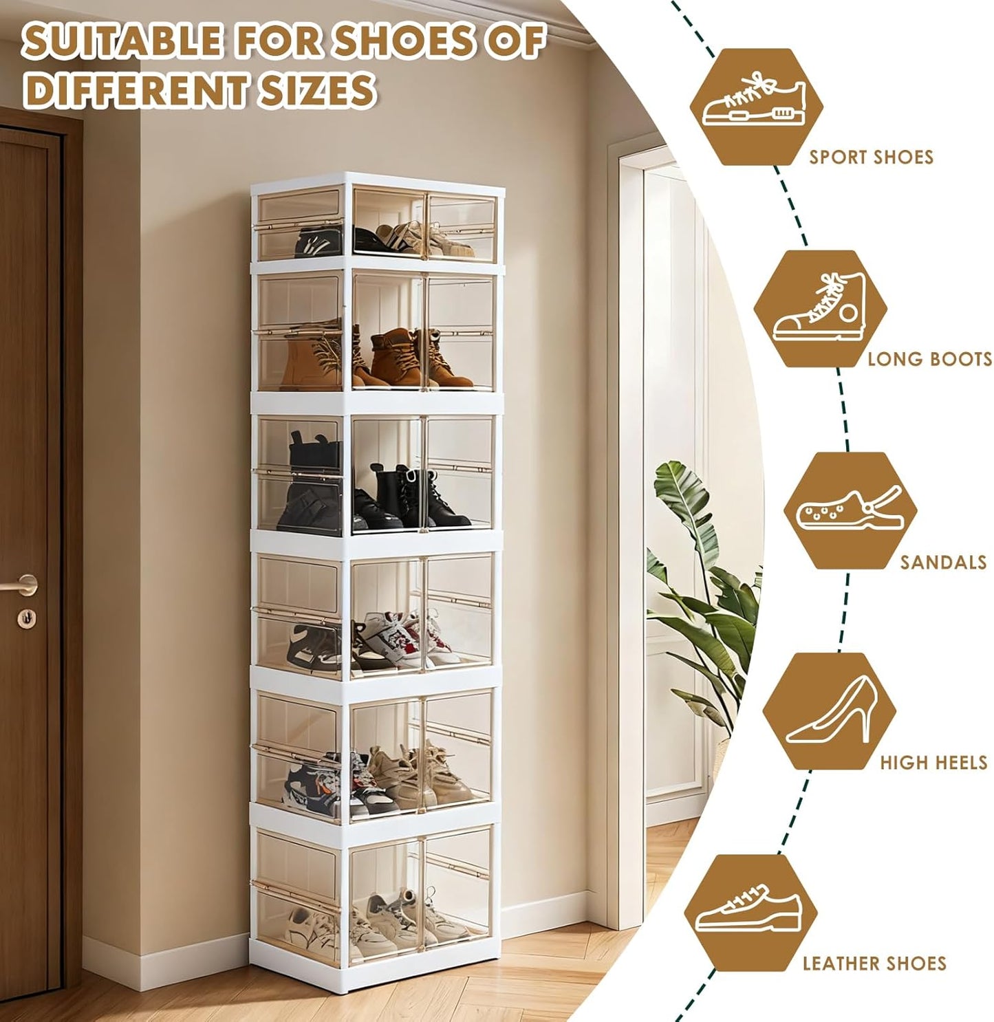MGWILL Foldable Shoe Rack, Collapsible Shoe Organizers for Closet Plastic Clear Shoe Storage Box for Entryway, Large Stackable Sneaker Cabinet Bins Shoe Shelf with Magnetic Door 6 Tiers