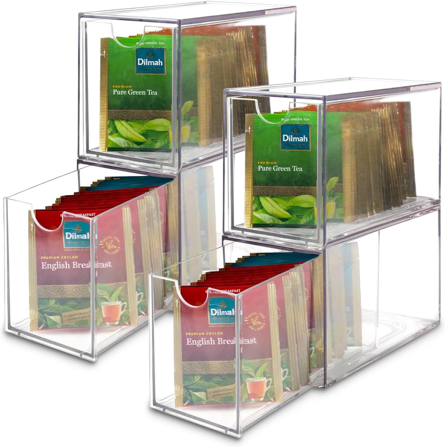 Ettrick 4 Pack Stackable Tea Bag Organizer, Clear Acrylic Tea Bag Drawer for Drawer, Pantry, Kitchen, Cabinet, Countertop
