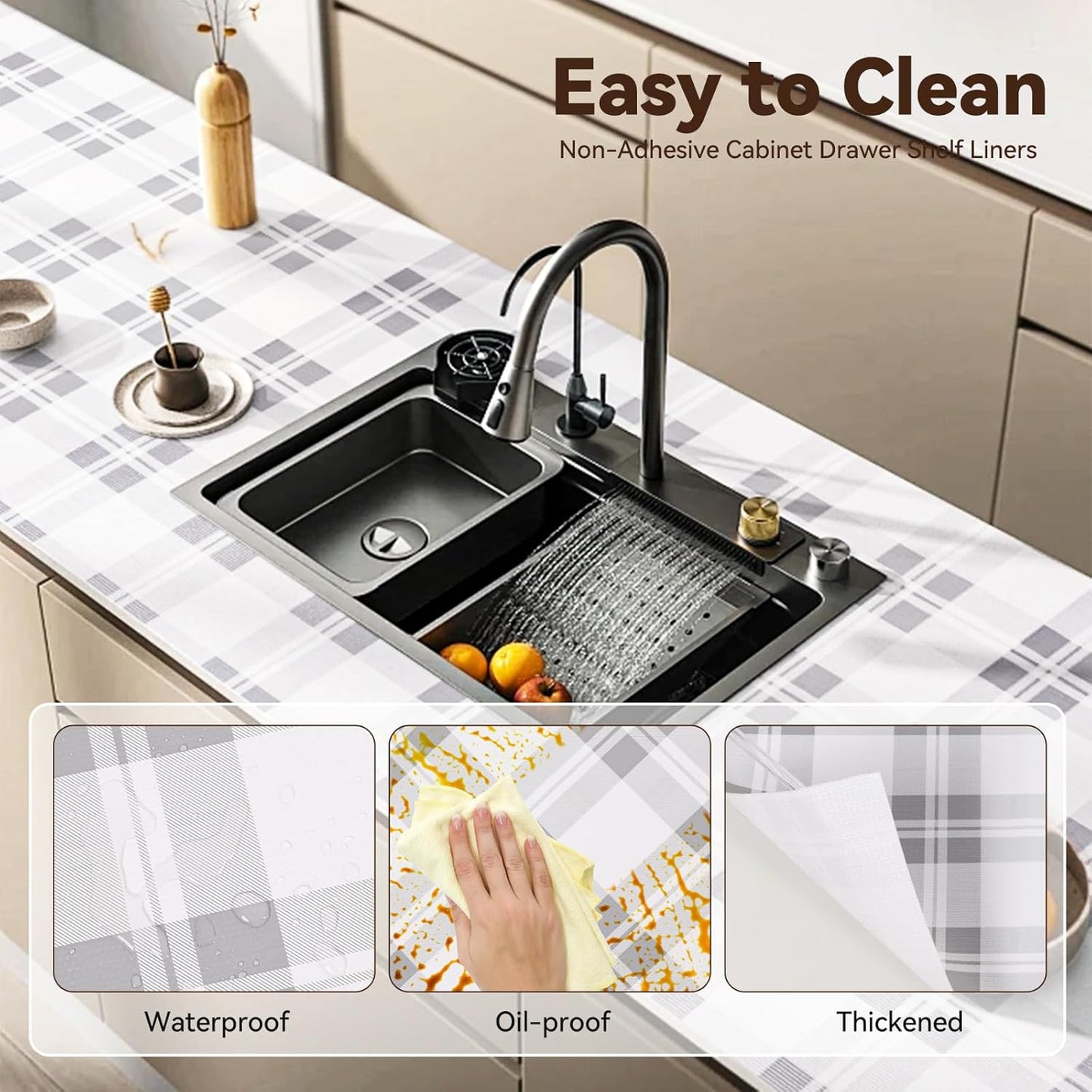Drawer Shelf Liner for Kitchen Cabinets, Non Adhesive Slip Resistant Shelf Paper Easy to Clean, Strong Grip Thickened Waterproof Washable Mats for Pantry Shelves Cupboard Dresser(Grey, 17 in x 40 FT)