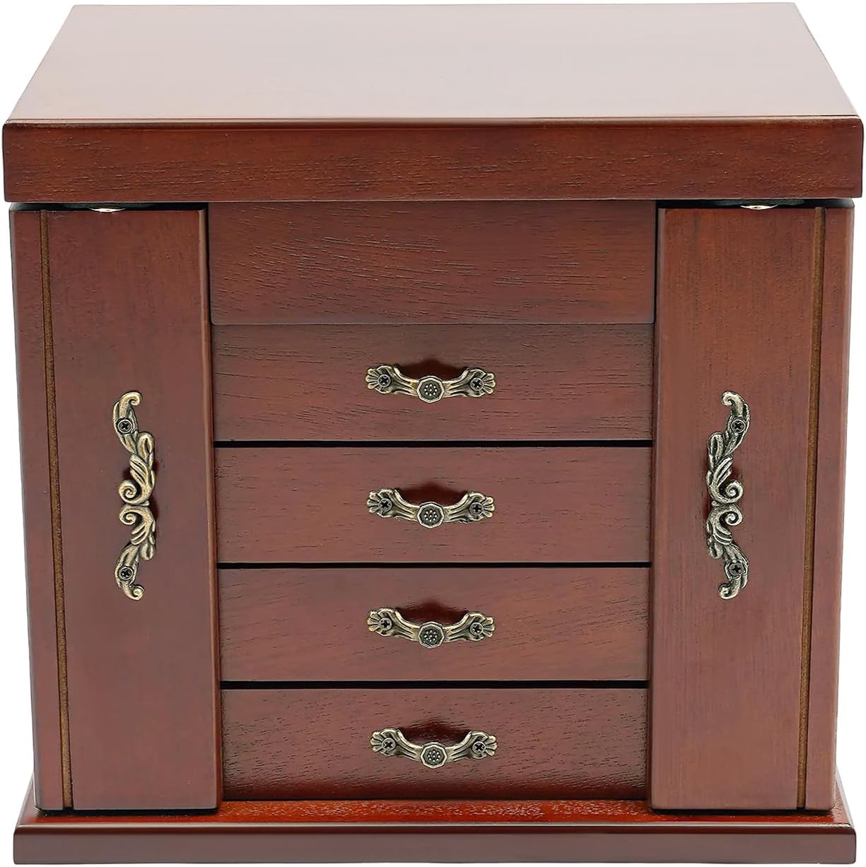4-Drawer Wooden Jewelry Box, Wood Jewelry Organizer with 2 Side Doors and Mirror, Vintage Brown Finish Storage Case for Women Girls Gift Ready Watch Necklace Ring Earring