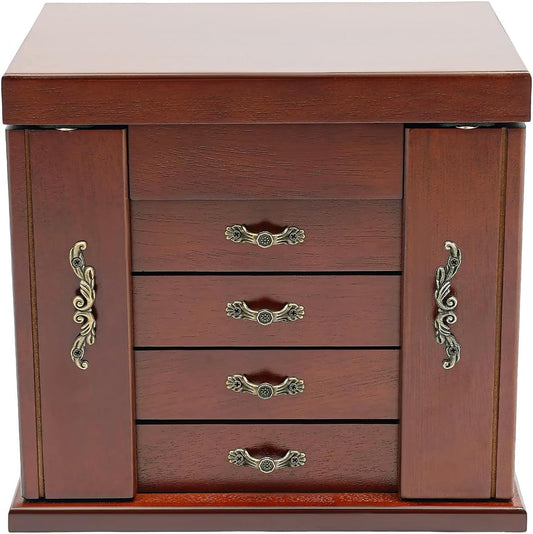4-Drawer Wooden Jewelry Box, Wood Jewelry Organizer with 2 Side Doors and Mirror, Vintage Brown Finish Storage Case for Women Girls Gift Ready Watch Necklace Ring Earring
