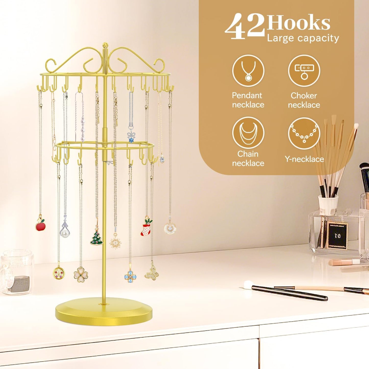 MODOWEY Rotating Necklace Holder Organizer Display Stand with 42 Hooks, 2 Tier Adjustable Metal Tree for Long Necklace Hanger Selling, Tall Spinning Bracelet Storage Rack for Men Women, Gold
