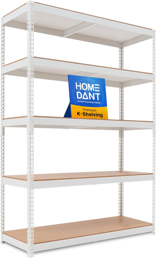 HOMEDANT 5 Tier Storage Shelves Adjustable Laminated Boltless Garage Metal Shelving Unit Heavy Duty Utility Rack Shelf Warehouse Pantry Closet Kitchen (1, (L) 48.1" W, White)