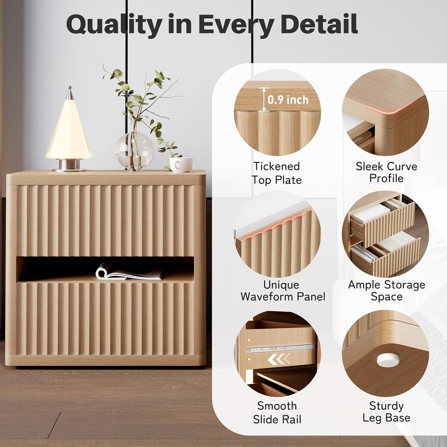 Dripex Fluted Nightstand with 2 Drawers, Large Wide Wood Night Stand Bedside Table for Bedroom, Mid-Century Modern Storage Bed Side Table, End Table for Living Room Sofa Couch, Natural Oak