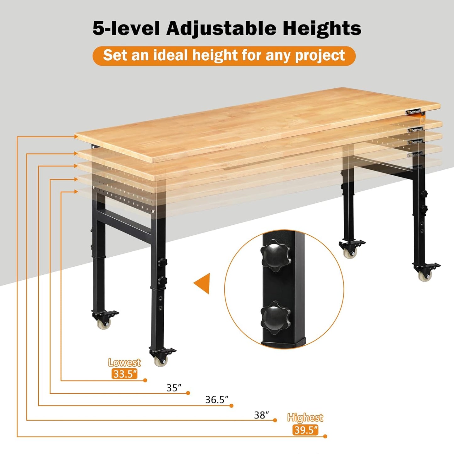 Betterhood 60" Adjustable Workbench for Garage, Rubber Wood Shop Table W/Wheels & Double Pegboards & Drawer, 2000 LBS Load Capacity Hardwood Worktable for Workshop, Garage, Office, Home, Commercial