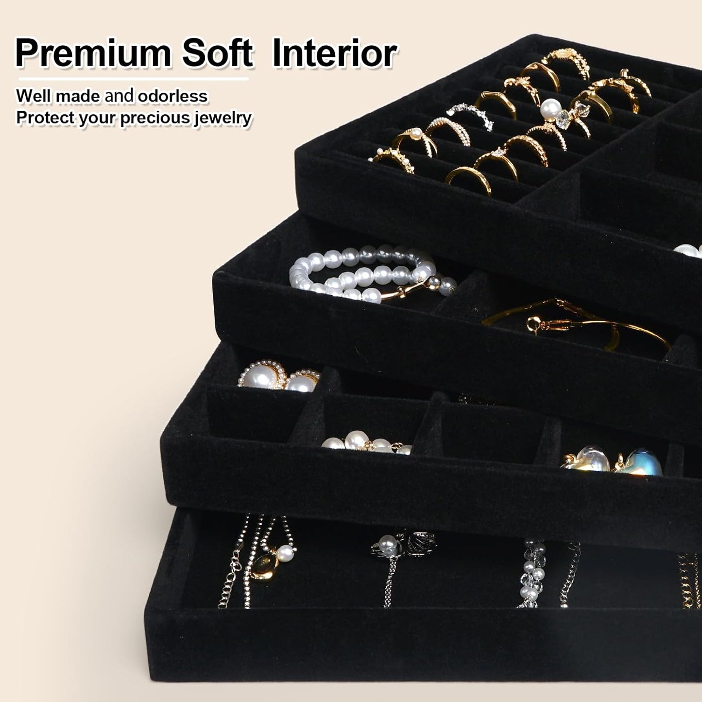 Jenseits 4 Stackable Jewelry Trays Organizer Set for Drawers, Jewellery Drawer Insert Divider Jewel Display Storage with Removable Dividers for Earring Necklace Rings Bracelet, Black