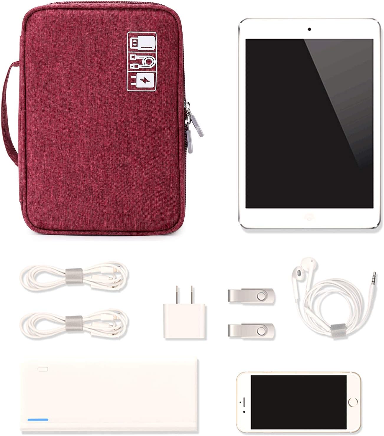 mygreen Travel Cable Organizer Bag, Two-Layer Electronics Accessories Organizer Bag for Cables, Chargers, Power Bank, Mouse,iPad, Phone, Kindle, SD Card, Wires, Cords, and Accessories Red