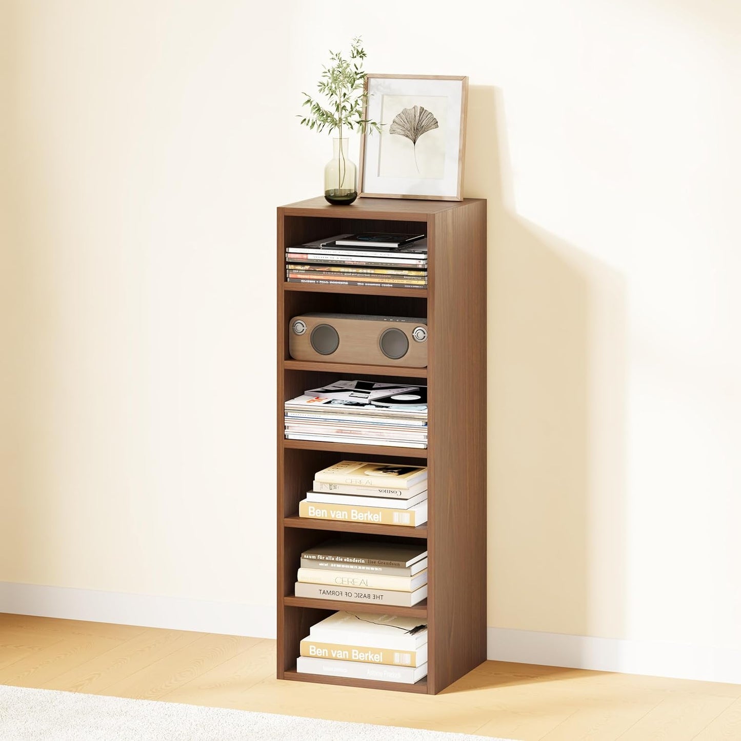 IOTXY DIY Modular Cube Bookcase - CubeXY Customizable Stackable Expandable Basic Shelving Units, 6-Cube Wooden Open Bookshelf with Removable Shelves for Books Organizer, Walnut