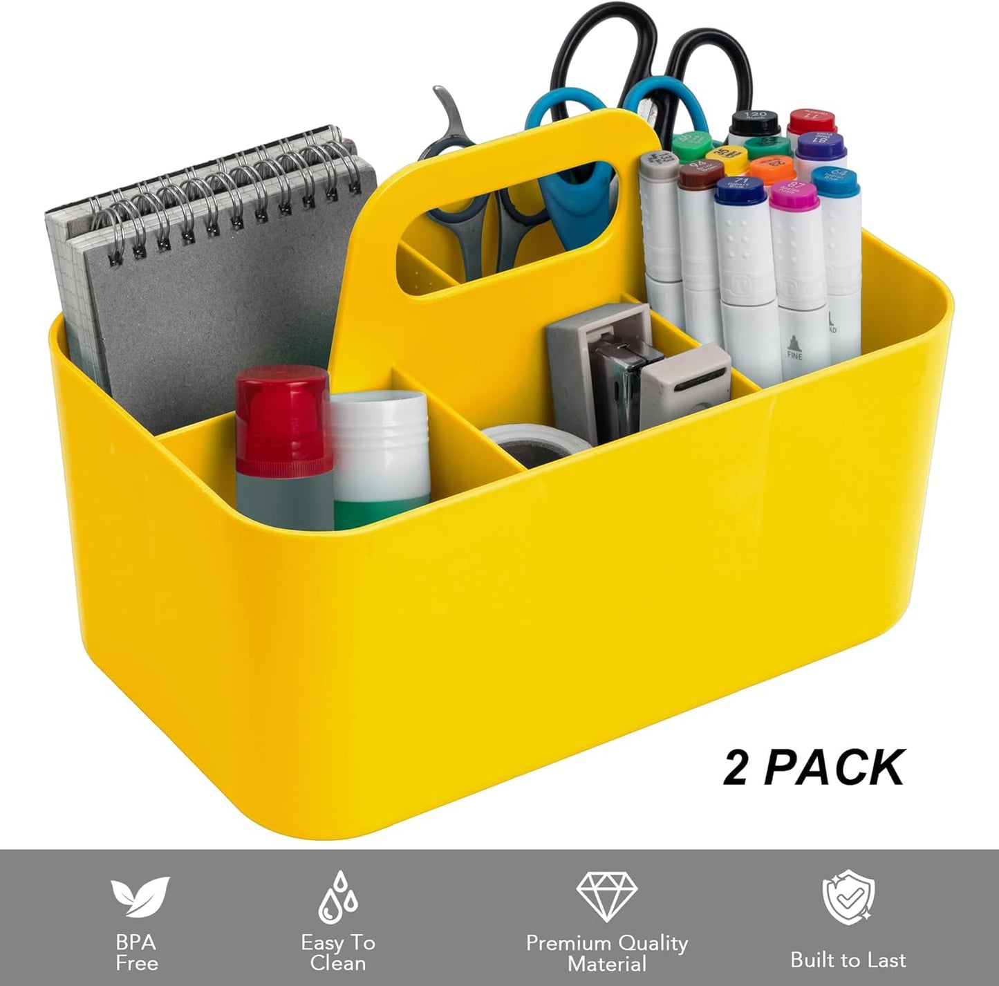 Tiawudi 2 Pack Caddy Organizer with Handle, Portable Plastic Caddy, Storage Organization for Cleaning, Bath, Makeup, Art, Craft, Stationery, Classroom and Office, Tote Organizer