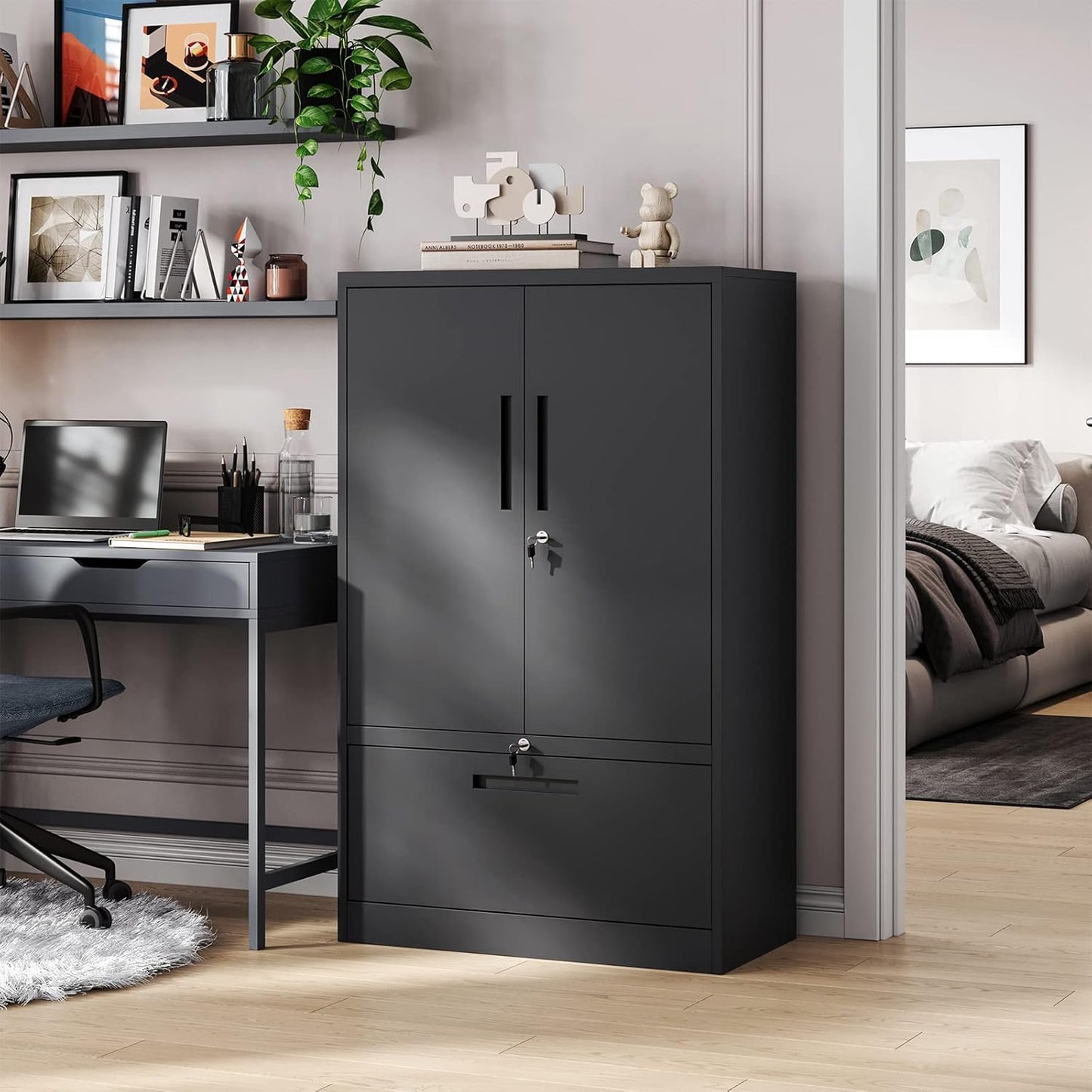 Metal File Cabinet with Drawer, Lockable Vertical Lateral Filing Storage Cabinet, File Cabinet with Storage Cabinet for Home Office, Legal/Letter/A4 Size Steel File Storage Cabinets, Black