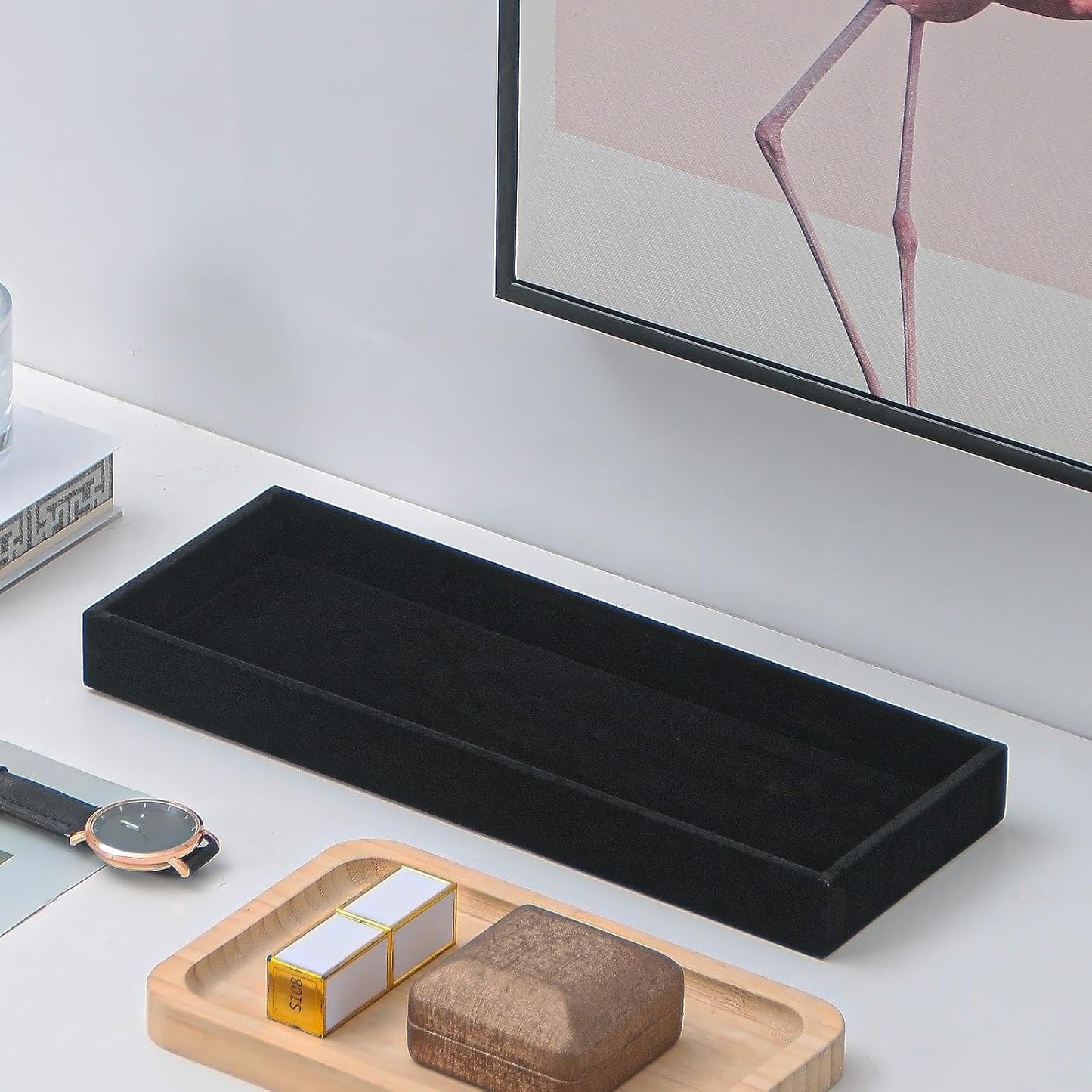 2Pcs Desk Drawer Storage Tray, Nightstand Organizer Tray, Necklace Bracelet Ring Earring Jewelry Display Tray, Grid Table Organizer Holder Tray for Sunglass, Phone, Watch, Perfume (1 grid)/Black