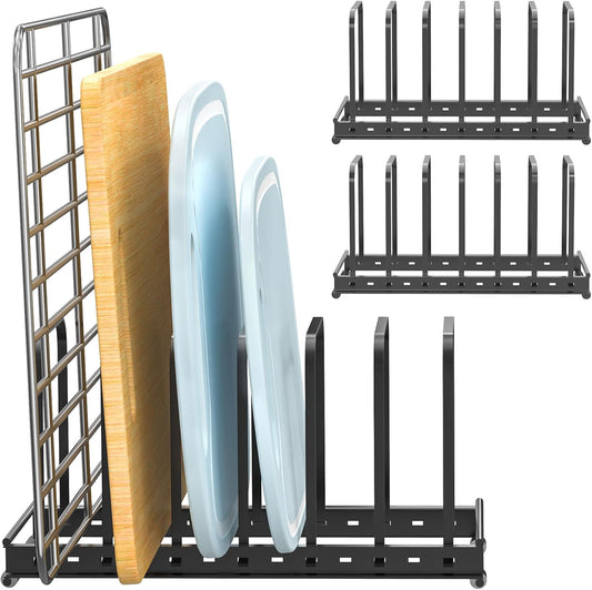 Cutting Board Organizer Rack, 2-Pack Adjustable Bakeware Organizer Holder for Cabinet Countertop, 7 Slots Metal Rack Cookie Baking Sheet, Pot Pan Lids Divider Kitchen Organization Storage, Black
