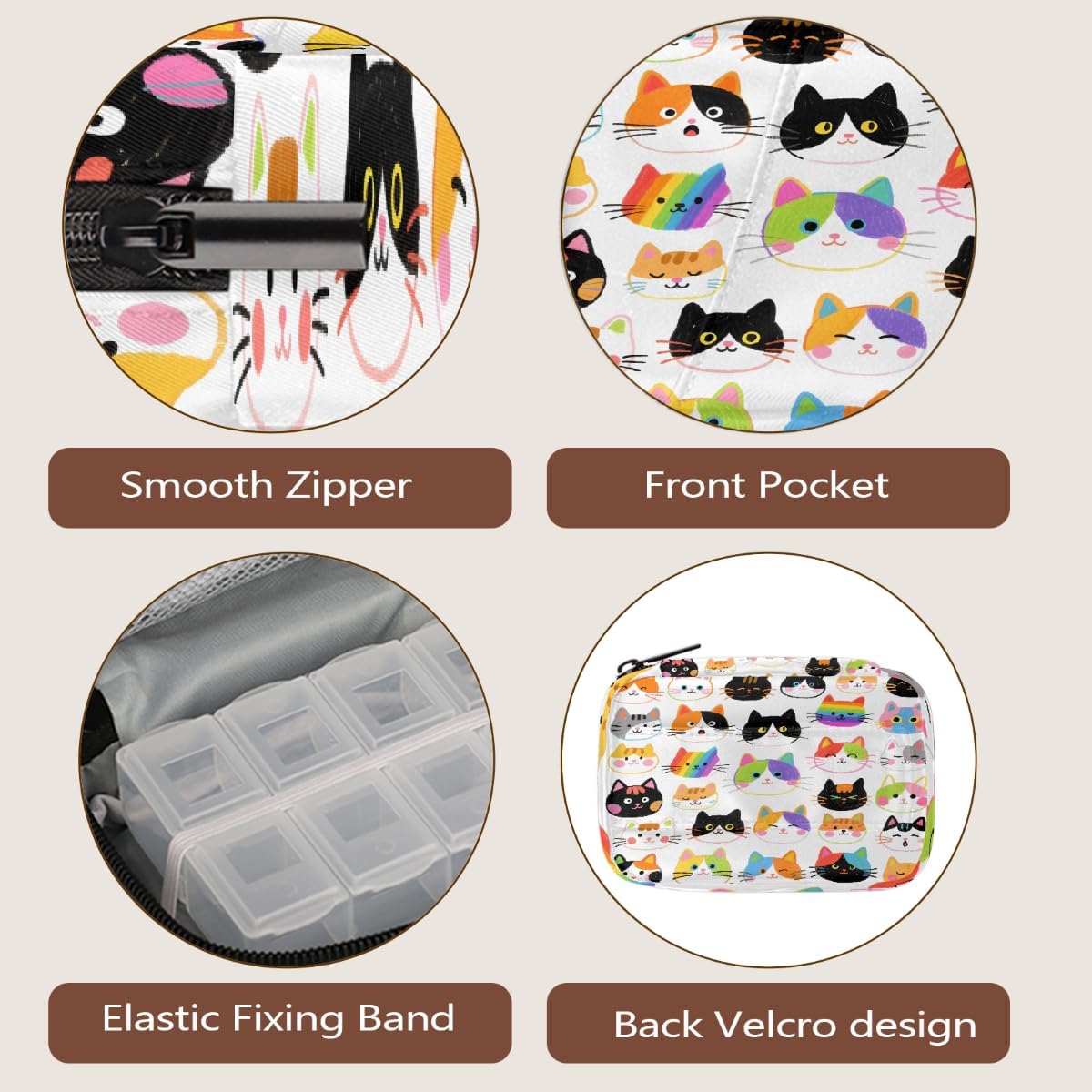 Colorful Hand Drawn Cat Pill Organizer Travel Medicine Case with Zipper Daily Vitamin Storage Bag Portable 8 Slot Weekly Pill Box Supplement Holder for Home Office Gym Travel