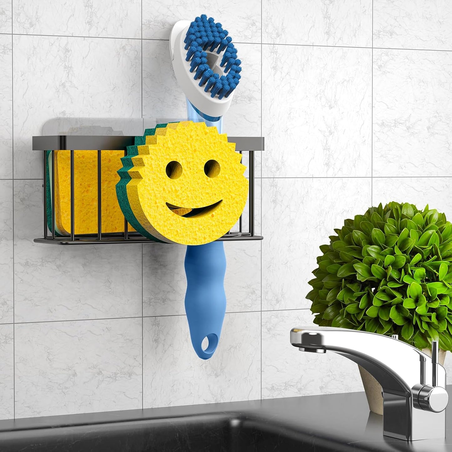 Sponge Holder Smiley Face, Sink Caddy for kitchen Sink, Kitchen Organizer Sponge Holder with 2 PCS Suction Cups/1 PCS Adhesive Strips, Designed for Sponge, Soap, Dish brush, Scrubber-Black