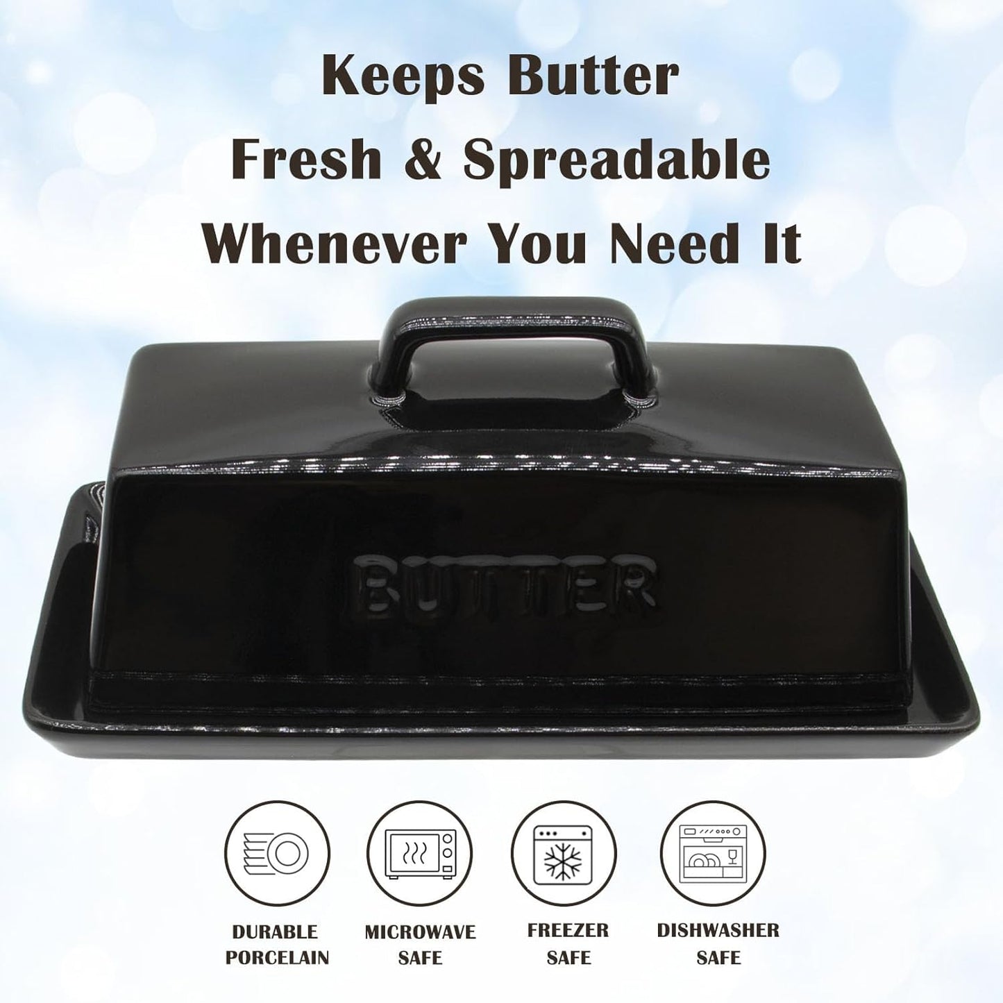 Ceramic Butter Dish With Lid for Countertop, Covered Butter Holder With Lid, Black Butter Container, Butter Tray With Handle