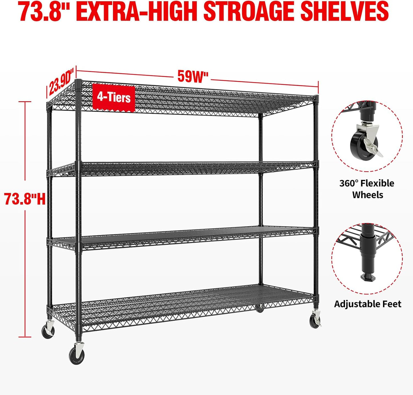 73" H Storage Shelves 2640LBS Heavy Duty Shelving Unit with Wheels & Feet, 4-Tiers Garage Shelving for Pantry Garage Kitchen Home Commercial, 73.8" H x 59" W x 23.9" D