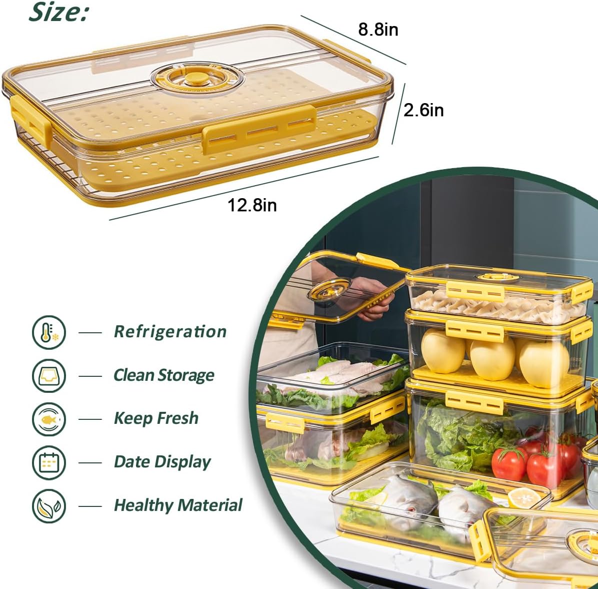 CottonColors Fridge Organizer, Food Storage Containers With Lids for Timer & Drain Board Stackable Refrigerator Organizers and Storage（Short, Large, 2 L, 2 pack）